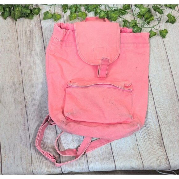 Baggu NEON PINK Coral Canvas Drawstring Foldover Rucksack Backpack - Picture 1 of 8